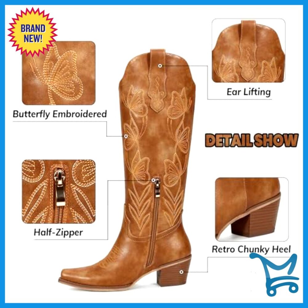 Knee High Cowboy Boots with Butterfly Embroidery Chunky Heel Western Style - Picture 4 of 7